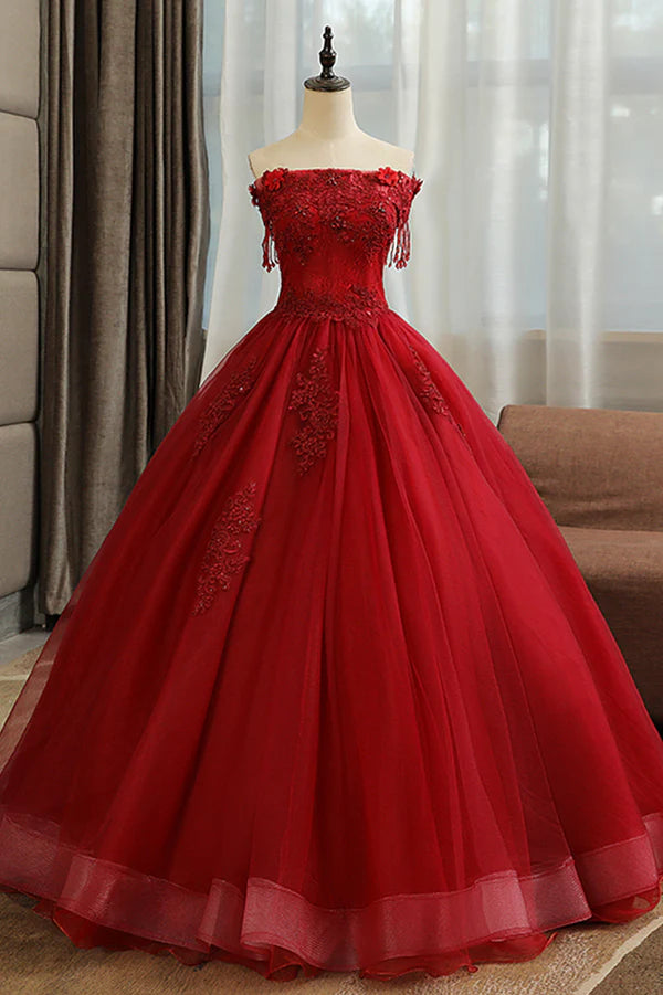 Wholesale Burgundy Tulle Lace Long Prom Dress Burgundy A-Line Evening Gown